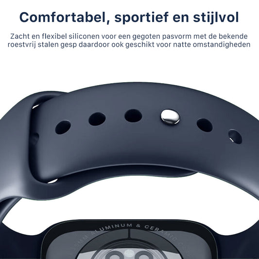 Apple Watch bandje Siliconen Sport - Donker Blauw - Voor Apple iWatch alle Ultra 10/9/8/7/6/5/4/3/ alle SE - 42/44/45/46/49 mm - Maat S/M - iDenn