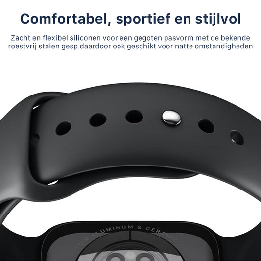 Apple Watch bandje Siliconen Sport - Zwart - Voor Apple iWatch alle Ultra 10/9/8/7/6/5/4/3/ alle SE - 42/44/45/46/49 mm - Maat S/M - iDenn